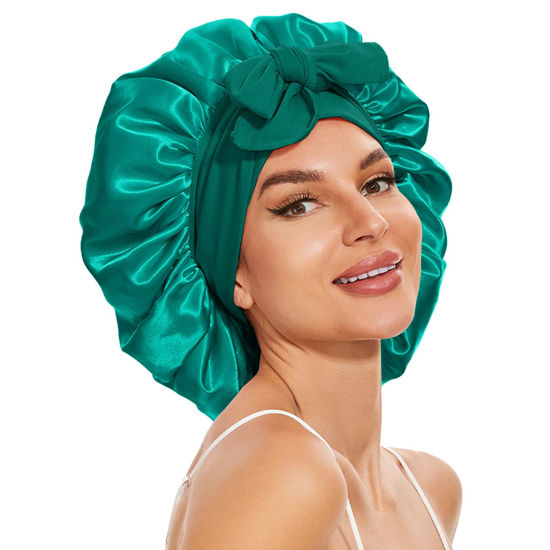Picture of Silk Bonnet for Sleeping Women, Large Silk Hair Bonnet for Sleeping, Satin Hair Bonnet for Sleeping with Tie Band Green