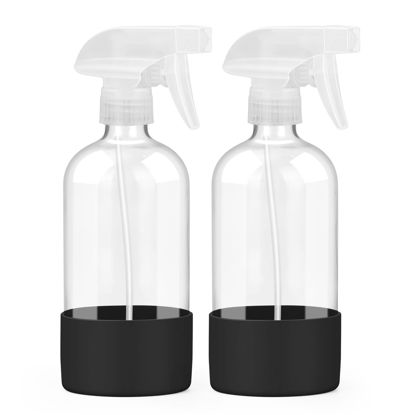 Picture of Worldgsb 2 Pack Glass Spray Bottles with Silicone Sleeve, 16 oz Empty Refillable Containers with Adjustable Spray Nozzles, Spray Bottles for Hair, Cleaning Solutions and Plants Black