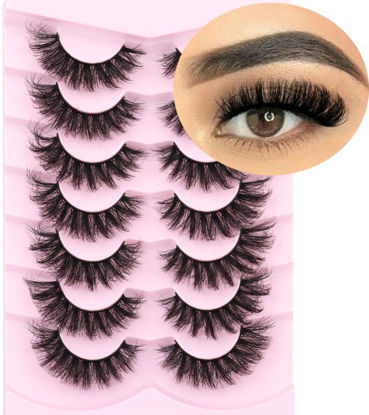 Picture of Mink Lashes Fluffy D Curl False Eyelashes 20mm Long Volume Lashes That Look Like Extensions Cat Eye Fake Lashes Faux Mink Strip Lashes Pack 7 Pairs