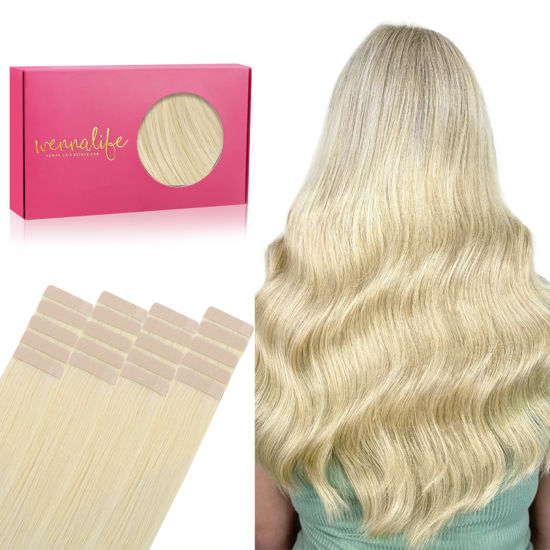 Picture of WENNALIFE Tape in Hair Extensions Human Hair, 20pcs 50g 16 inch Bleach Blonde Remy Hair Extensions Straight Human Hair Tape in Extensions Skin Weft Tape Extensions Human Hair