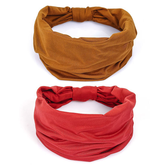 Picture of GILI 2 Pack Wide Headbands for Women Boho African Knotted Non Slip Fashion Hair Bands Yoga Running Sports Workout Gym Head Wraps Elastic Soft Cotton Cloth Turbans Bandana for Girls (Brown,Red)