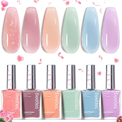 Picture of Beetles Jelly Nail Polish Set, 6 Colors Clear Pastel Nail Polish Glitter Pink Dusty Rose Orange Green Blue Purple Long Lasting & Quick Dry Nail Strengthener Polish Spring Valentines Gifts for Women