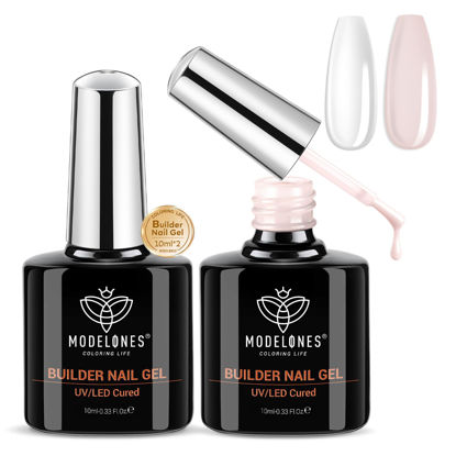 Picture of modelones Builder Nail Gel, 2 Pcs Clear and Cover Nude Gel Builder for Nails, 8-in-One LED Hard Gel Builder for Apex Building Nail Thickening Nail Strengthener Extension Gel Rubber Base Gel 10 ml