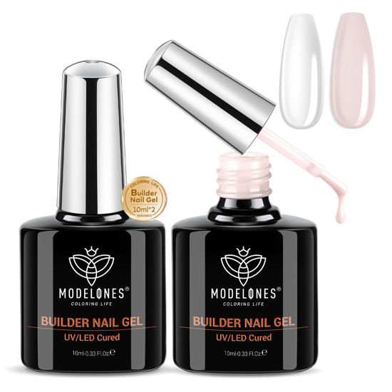 Picture of modelones Builder Nail Gel, 2 Pcs Clear and Cover Nude Gel Builder for Nails, 8-in-One LED Hard Gel Builder for Apex Building Nail Thickening Nail Strengthener Extension Gel Rubber Base Gel 10 ml