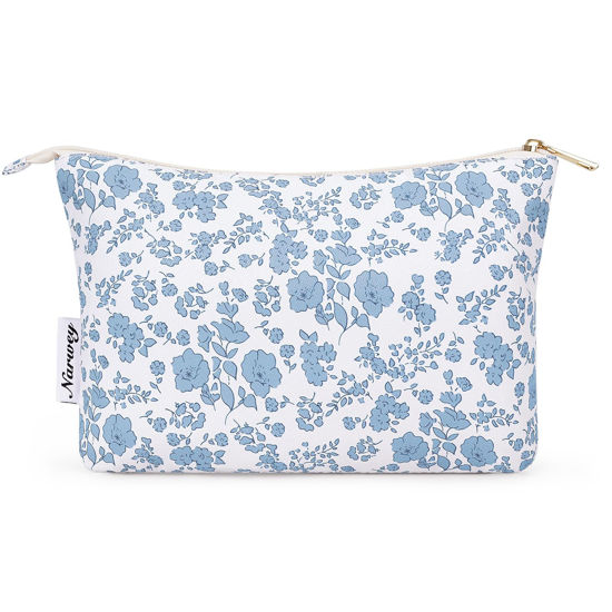 Picture of Narwey Small Makeup Bag for Purse Travel Makeup Pouch Cosmetic Bag Zipper Pouch Bags for Women (Little Blue Flower)