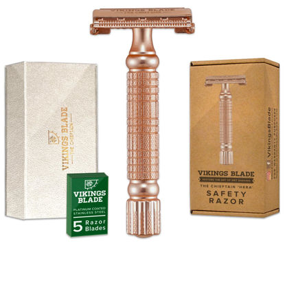 Picture of VIKINGS BLADE Double Edge Safety Razor + 5 Swedish Steel Blades + Luxury Case. Smooth, Reusable, Recyclable (Chieftain "Hera")