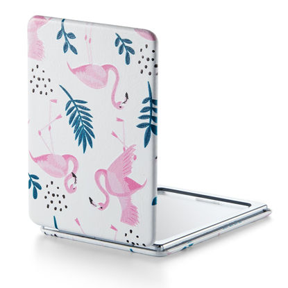 Picture of OMIRO Compact Mirror, Unique Painting PU Leather 1X/3X Magnification, Ultra Portable for Purses, 2.4" W x 3.4" L (Pink Flamingos)