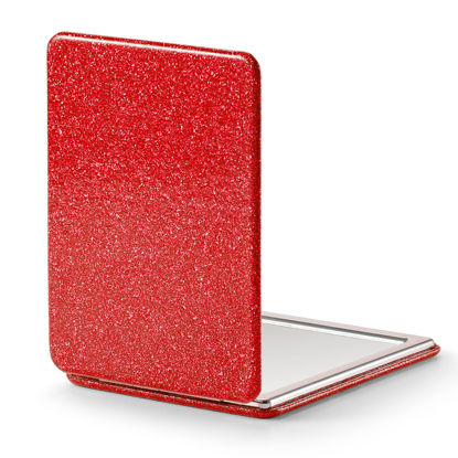 Picture of OMIRO Compact Mirror, Glitter PU Leather 1X/3X Magnification, Ultra Portable for Purses, 2.4" W x 3.4" L (Red)