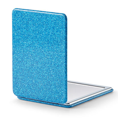Picture of OMIRO Compact Mirror, Glitter PU Leather 1X/3X Magnification, Ultra Portable for Purses, 2.4" W x 3.4" L (Blue)