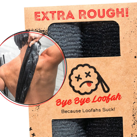 Picture of Extra Rough Exfoliating Washcloth - Extreme Body & Back Scrubber for Shower, Extra Long, Hygienic Exfoliator Wash Cloth, Men Or Women, 2 Count Pack, 1 Black & 1 Grey Color, Bye Bye Loofah