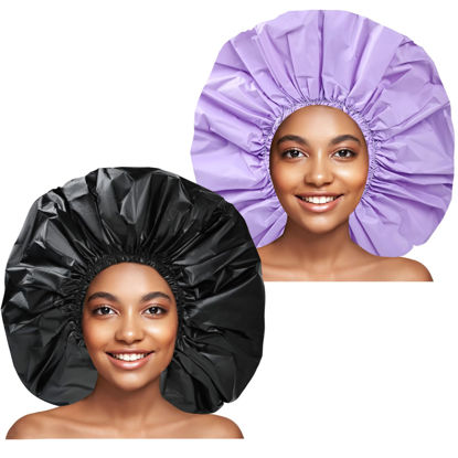 Picture of Jumbo Size Shower Cap 2 PCS Waterproof Shower Caps for Women, Extra Large Shower Cap, Reusable Super Large Bath Caps Hair Cap for Long Thick Curly Hair, Locs, Twist Braids - Black + Purple