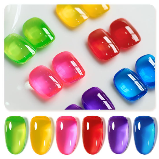 Picture of GAOY Jelly Gel Nail Polish of 6 Transparent Yellow Blue Green Red Pink Purple Colors Sheer Gel Polish Kit for Salon Gel Manicure and Nail Art DIY at Home