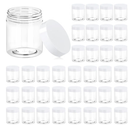 Picture of 36 Pack 8 OZ Plastic Jars Round Clear Cosmetic Container Jars with White Lids, Eternal Moment Plastic Slime Jars for Lotion, Cream, Ointments, Makeup, Eye shadow, Samples, Pot, Travel Storage