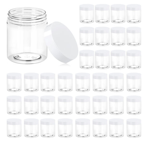 Picture of 36 Pack 8 OZ Plastic Jars Round Clear Cosmetic Container Jars with White Lids, Eternal Moment Plastic Slime Jars for Lotion, Cream, Ointments, Makeup, Eye shadow, Samples, Pot, Travel Storage