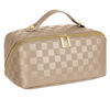 Picture of ALEXTINA Large Capacity Travel Cosmetic Bag - Portable Makeup Bags for Women Waterproof PU Leather Checkered Makeup Organizer Bag with Dividers and Handle,Toiletry Bag for Cosmetics, Khaki