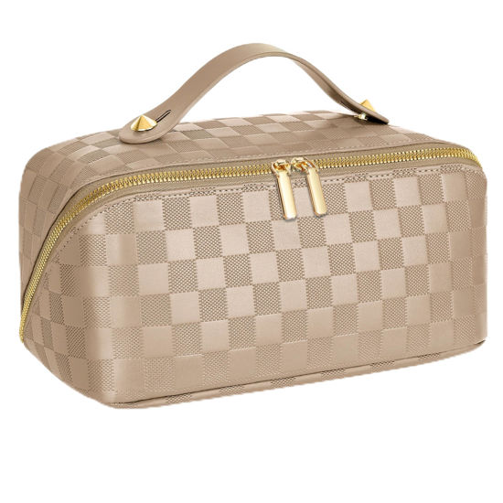 Picture of ALEXTINA Large Capacity Travel Cosmetic Bag - Portable Makeup Bags for Women Waterproof PU Leather Checkered Makeup Organizer Bag with Dividers and Handle,Toiletry Bag for Cosmetics, Khaki