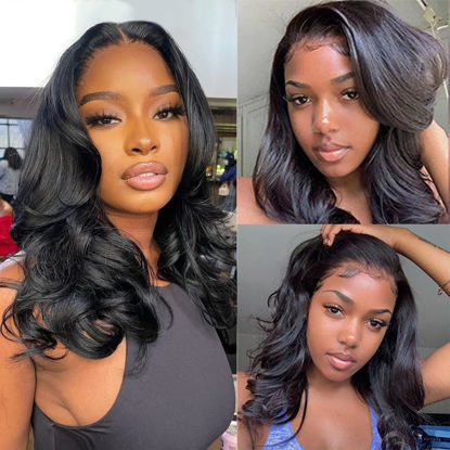 Picture of Douyin Bob Wig Human Hair 13x4 Frontal Lace Wig Body Wave HD Lace Front Wigs Human Hair Pre Plucked Glueless Bob Wigs for Women Human Hair Wigs (16 inch, Natural Black)