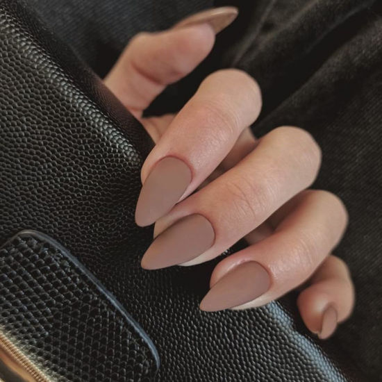 Picture of KQueenest Matte Light Brown Press on Nails Medium Almond Stiletto Gel Fake Nails Medium Pure Color Acrylic Nails Press ons Stick on Nails for Women Feature Protective UV Coating in 24PCS