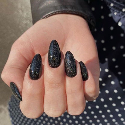 Picture of Modelones 32Pcs Sparkle Black Press on Nails Almond, Glitter Short Almond Fake Nails, Reusable Nail Kit with Nail Glue Adhesive Tabs Mini Nail File, Nails Press Ons 16 Sizes