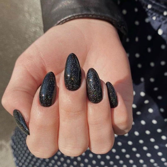 Picture of Modelones 32Pcs Sparkle Black Press on Nails Almond, Glitter Short Almond Fake Nails, Reusable Nail Kit with Nail Glue Adhesive Tabs Mini Nail File, Nails Press Ons 16 Sizes