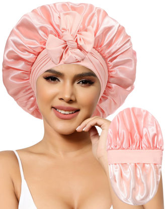 Picture of Satin Bonnet for Women Silk Bonnets for Sleeping Curly Hair Bonnet with Elastic Tie Band Reversible Double Layer Sleep Cap Hair Wrap (Pink)