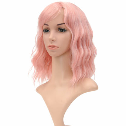 Picture of VCKOVCKO Natural Wavy Pastel Pink Wig Colorful Wigs With Air Bangs Short Bob Wigs Women's Shoulder Length Wigs Curly Wavy Synthetic Cosplay Wig Bob Wig for Girls(12", Lovely Pink)
