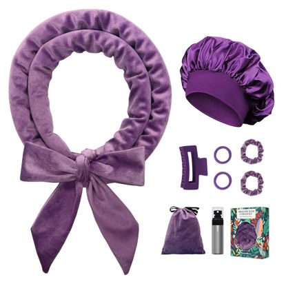 Picture of Gwabee No Heat Overnight Curls Headband to Sleep In, 70" Soft Ribbon Curl Wrap for Long Hair - 9 PCS Curling Rods Set with Bonnet, Purple