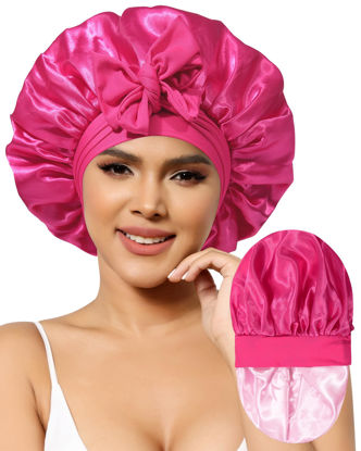 Picture of Satin Bonnet for Women Silk Bonnets for Sleeping Curly Hair Bonnet with Elastic Tie Band Reversible Double Layer Sleep Cap Hair Wrap (Rose Red + Pink)