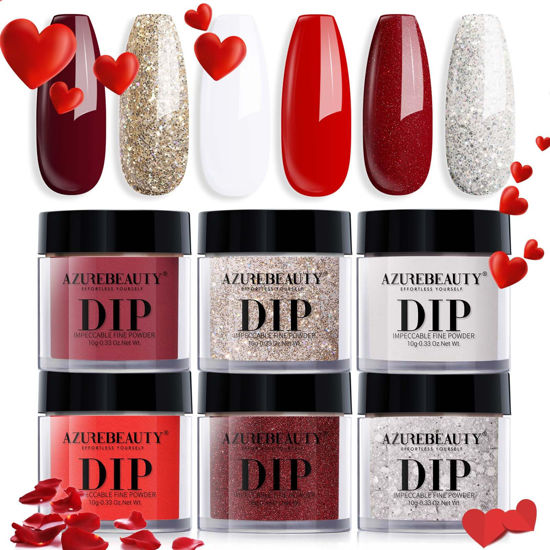 Picture of AZUREBEAUTY Dip Powder Nail Set, Red Burgundy Rose Berry Sparkle Milky Snow White Silver Glitter, 6 Colors Dipping Powder Starter Kit French Nail Art Manicure DIY Salon, No Need Nail Lamp Cured