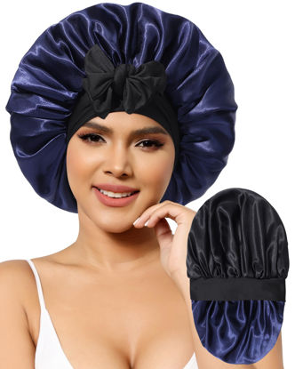 Picture of Satin Bonnet for Women Silk Bonnets for Sleeping Curly Hair Bonnet with Elastic Tie Band Reversible Double Layer Sleep Cap Hair Wrap (Black + Dark Blue)