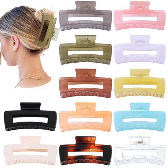 Picture of Sisiaipu 12 Pack Large Square Hair Claw Clips for Women and Girls, 4.1 x 2.1 x 1.2 inch, 12 Rubber Paint and Plastic Materials, Non-Slip Jumbo Jaw Design - Jelly
