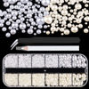 Picture of Belleboost Flat Back Pearls Kits 1 Box of Flatback White&Beige Half Round Pearls with Pickup Pencil and Tweezer for Home DIY and Professional Nail Art, Face Makeup and Craft
