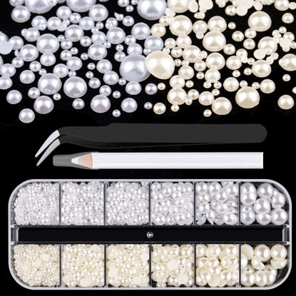 Picture of Belleboost Flat Back Pearls Kits 1 Box of Flatback White&Beige Half Round Pearls with Pickup Pencil and Tweezer for Home DIY and Professional Nail Art, Face Makeup and Craft