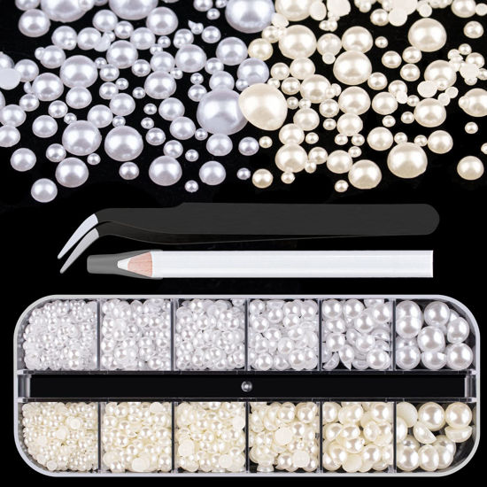Picture of Belleboost Flat Back Pearls Kits 1 Box of Flatback White&Beige Half Round Pearls with Pickup Pencil and Tweezer for Home DIY and Professional Nail Art, Face Makeup and Craft