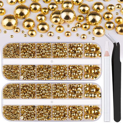 Picture of Belleboost Flat Back Pearls Kits 2 Boxes of Flatback Gold Half Round Pearls with Pickup Pencil and Tweezer for Home DIY and Professional Nail Art, Face Makeup and Craft