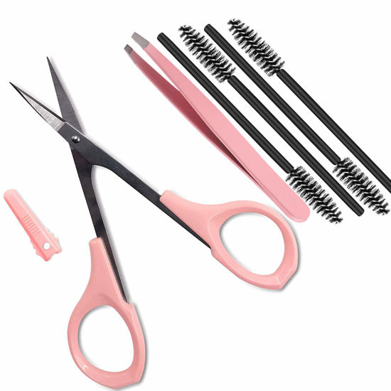 Picture of 4" Curved Craft Scissors Stainless Steel Unisex Eyebrow Kit Eyebrow Scissors, Slant Tweezers And Eyebrow Brush for Eyebrow Eyelash Extensions (Pink Set)