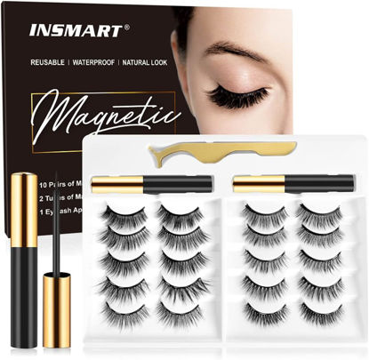 Picture of Magnetic Eyelashes with Magnetic Eyeliner Kit -10 Pairs Upgraded 3D 5D Magnetic Eyelashes Kit with Tweezers & 2 Tubes of Magnetic Eyeliner, Reusable, No Glue (10 Pairs)
