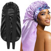 Picture of 2Pack Bonnets for Black Women Braid Bonnet, Large Long Bonnet Satin Bonnet for Braids,Black Women Silk Bonnet with Stretchy Tie Band Braid Bonnet for Sleeping Extra Long (Black&Light Purple Pattern