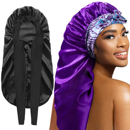 Picture of 2Pack Bonnets for Black Women Braid Bonnet, Large Long Bonnet Satin Bonnet for Braids,Black Women Silk Bonnet with Stretchy Tie Band Braid Bonnet for Sleeping Extra Long (Black & Purple Pattern)