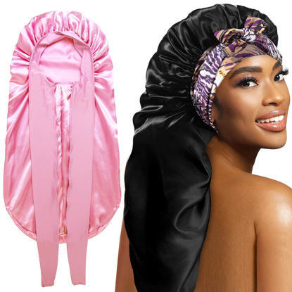 Picture of 2Pack Bonnets for Black Women Braid Bonnet, Large Long Bonnet Satin Bonnet for Braids,Black Women Silk Bonnet with Stretchy Tie Band Braid Bonnet for Sleeping Extra Long (Pink &Black Dark Pattern