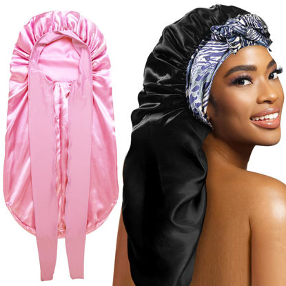 Picture of 2Pack Bonnets for Black Women Braid Bonnet, Large Long Bonnet Satin Bonnet for Braids,Black Women Silk Bonnet with Stretchy Tie Band Braid Bonnet for Sleeping Extra Long (Pink &Black Pattern)