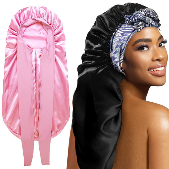 Picture of 2Pack Bonnets for Black Women Braid Bonnet, Large Long Bonnet Satin Bonnet for Braids,Black Women Silk Bonnet with Stretchy Tie Band Braid Bonnet for Sleeping Extra Long (Pink &Black Pattern)