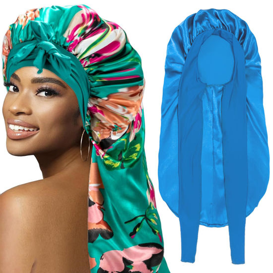 Picture of 2Pcs Bonnets for Black Women Braid Bonnet, Large Long Bonnet Satin Bonnet for Braids,Black Women Silk Bonnet with Stretchy Tie Band Braid Bonnet for Sleeping Extra Long (Blue&Printing Flower) Purple
