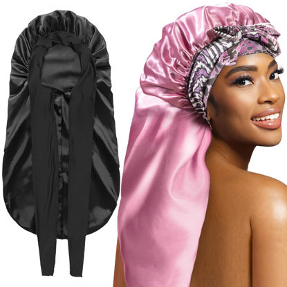 Picture of 2Pack Bonnets for Black Women Braid Bonnet, Large Long Bonnet Satin Bonnet for Braids,Black Women Silk Bonnet with Stretchy Tie Band Braid Bonnet for Sleeping Extra Long (Black&Pink Pattern)
