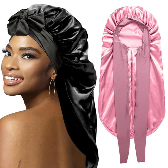 Picture of 2Pcs Bonnets for Black Women Braid Bonnet, Large Long Satin Bonnet for Braids, Silk Bonnet with Stretchy Tie Band Sleep Cap Hair (2Pcs-Black&Rose Pink)
