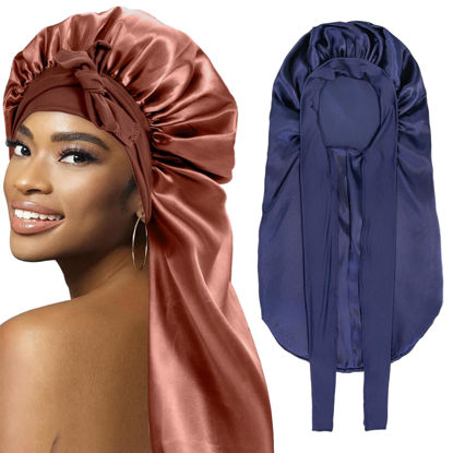 Picture of 2Pack Bonnets for Black Women Braid Bonnet, Large Long Bonnet Satin Bonnet for Braids,Black Women Silk Bonnet with Stretchy Tie Band Braid Bonnet for Sleeping Extra Long (Brown & Dark Blue) Purple