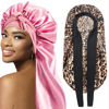 Picture of 2Pcs Bonnets for Black Women Braid Bonnet, Large Long Bonnet Satin Bonnet for Braids,Black Women Silk Bonnet with Stretchy Tie Band Braid Bonnet for Sleeping Extra Long (Pink & Leopard)
