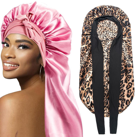 Picture of 2Pcs Bonnets for Black Women Braid Bonnet, Large Long Bonnet Satin Bonnet for Braids,Black Women Silk Bonnet with Stretchy Tie Band Braid Bonnet for Sleeping Extra Long (Pink & Leopard)
