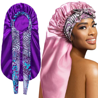 Picture of 2Pack Bonnets for Black Women Braid Bonnet, Large Long Bonnet Satin Bonnet for Braids,Black Women Silk Bonnet with Stretchy Tie Band Braid Bonnet for Sleeping Extra Long (Purple&Pink Pattern)