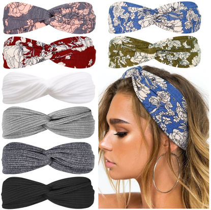 Picture of Huachi Boho Headbands for Women Twist Head Band Soft Elastic Hair Bands for Teen Girls Head Wrap Fashion Accessories, Floral Print Plus Solid Colors